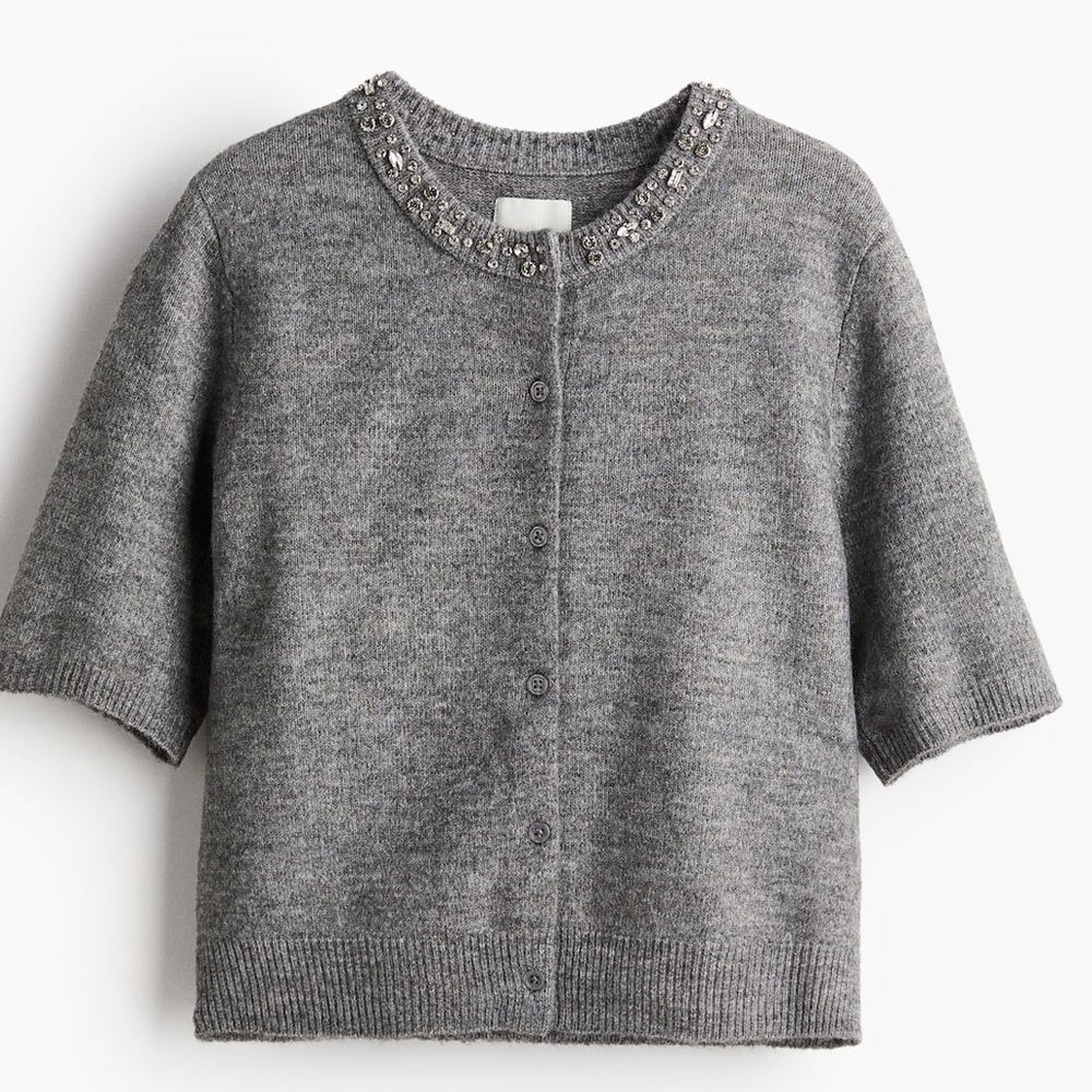 H&M Rhinestone-Embellished Cardigan – Gray | Chic & Trendy feminine minimalist